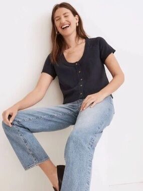Madewell Short-Sleeve Scoop Neck Button Cardigan Tee - Navy